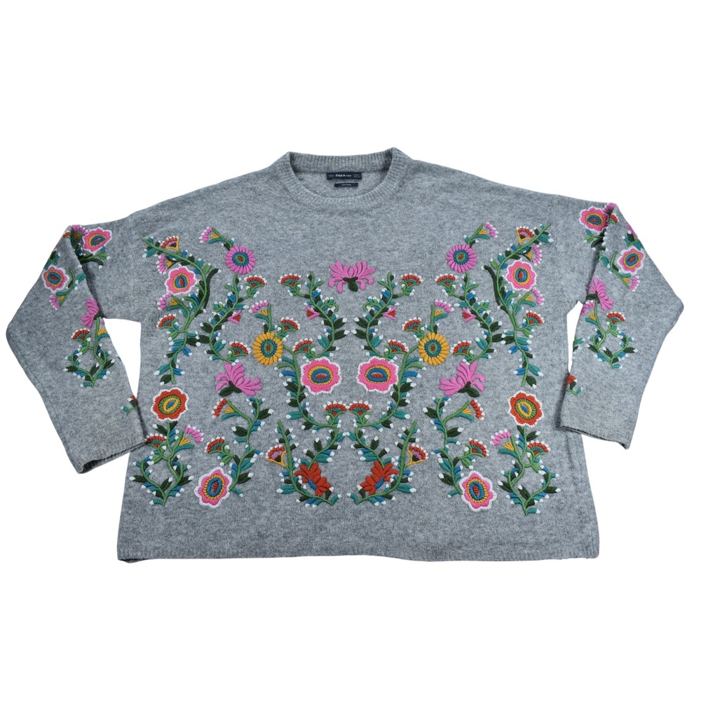 Zara Knit Gray Floral Embroidered Wool Blend Crewneck Sweater Small Boho Floral